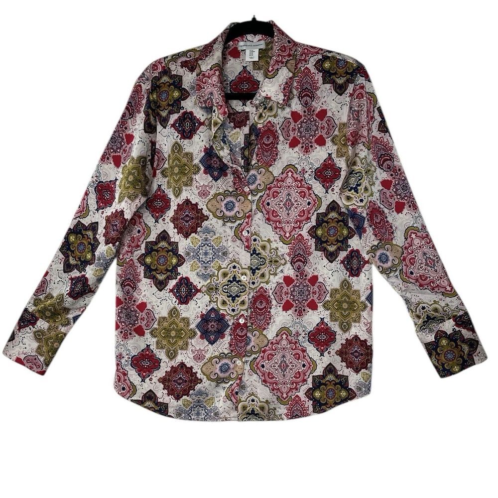Cupcakes and Cashmere Top Womens Medium Satin Button‎ Down Blouse Colorful